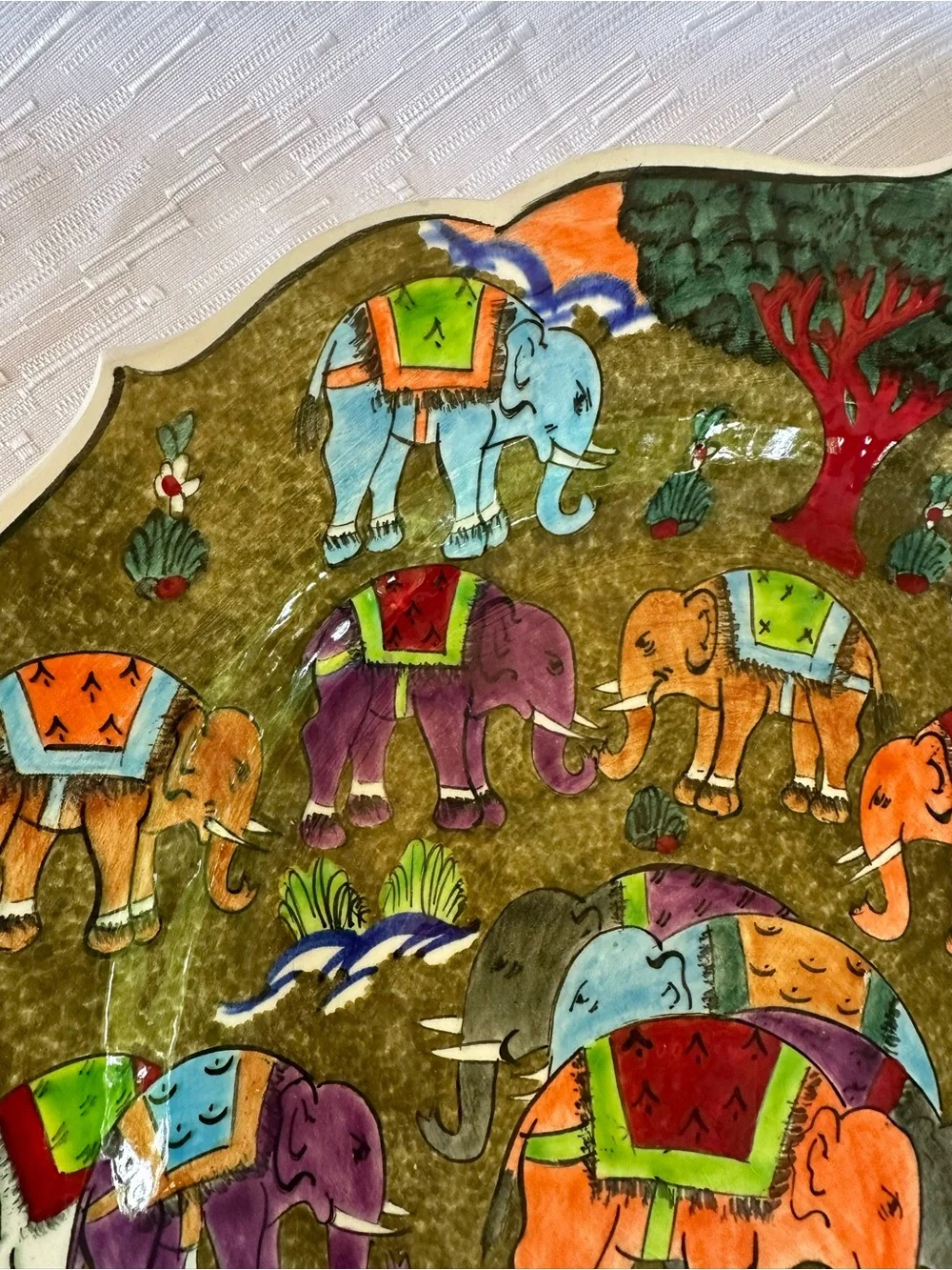 Turkish Hand Painted Ceramic Wall Plate Colorful Elephants 12in Artist Signed